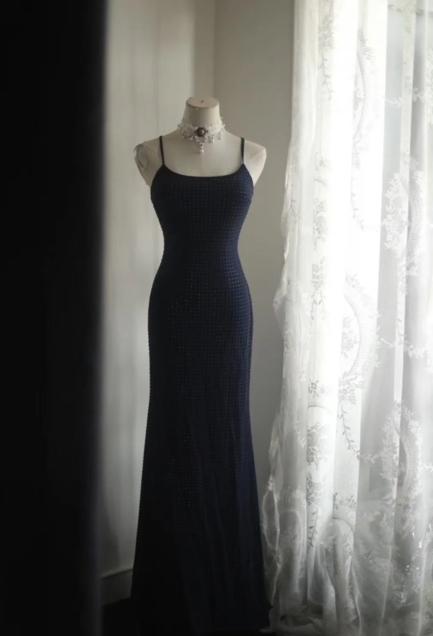 Classy Spaghetti Straps Navy Blue Beaded Mermaid Long Evening Dress Formal Wedding Guest Dress