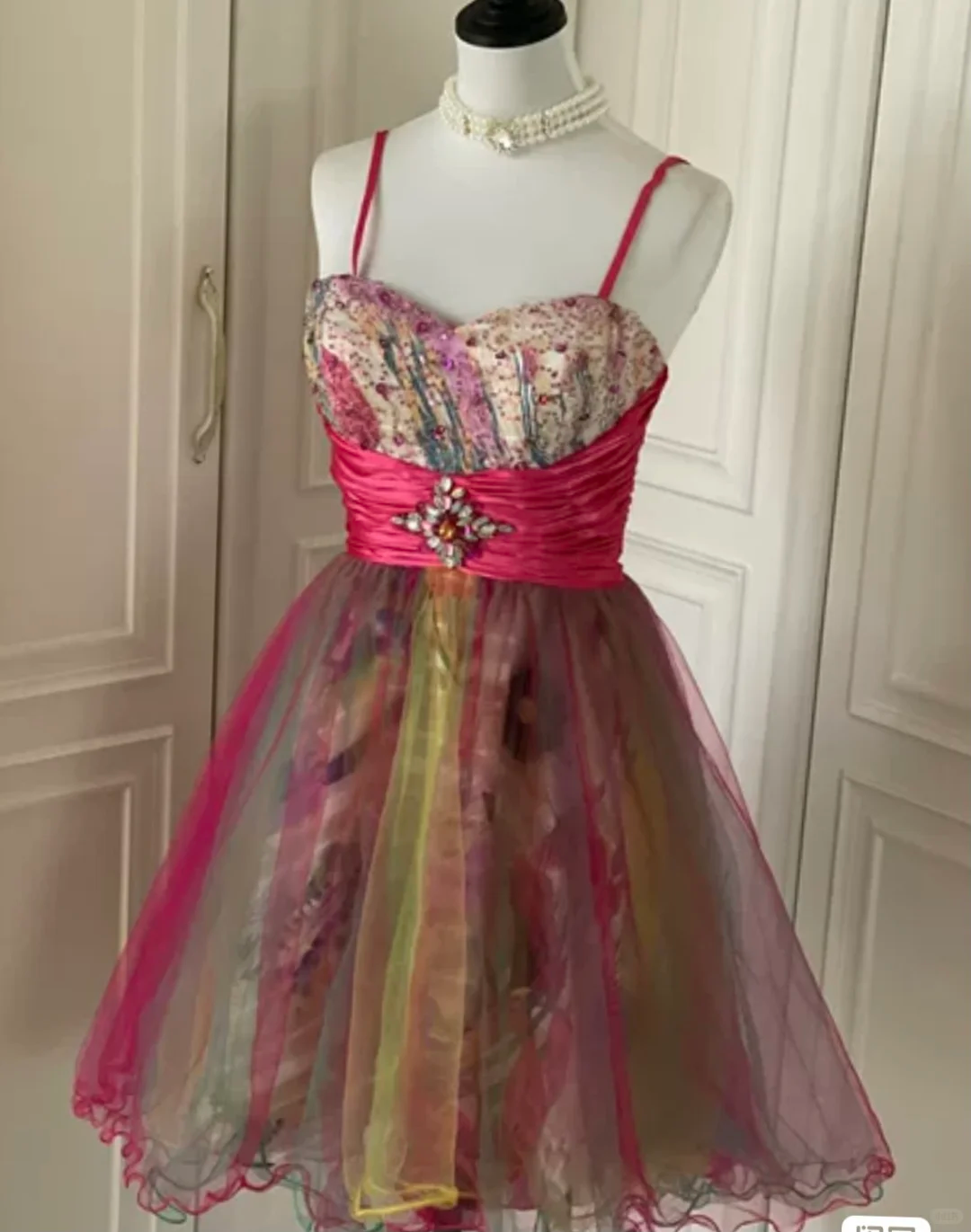 Vintage Spaghetti Straps Tulle Sequin Beaded Mini Homecoming Dress Party Dress