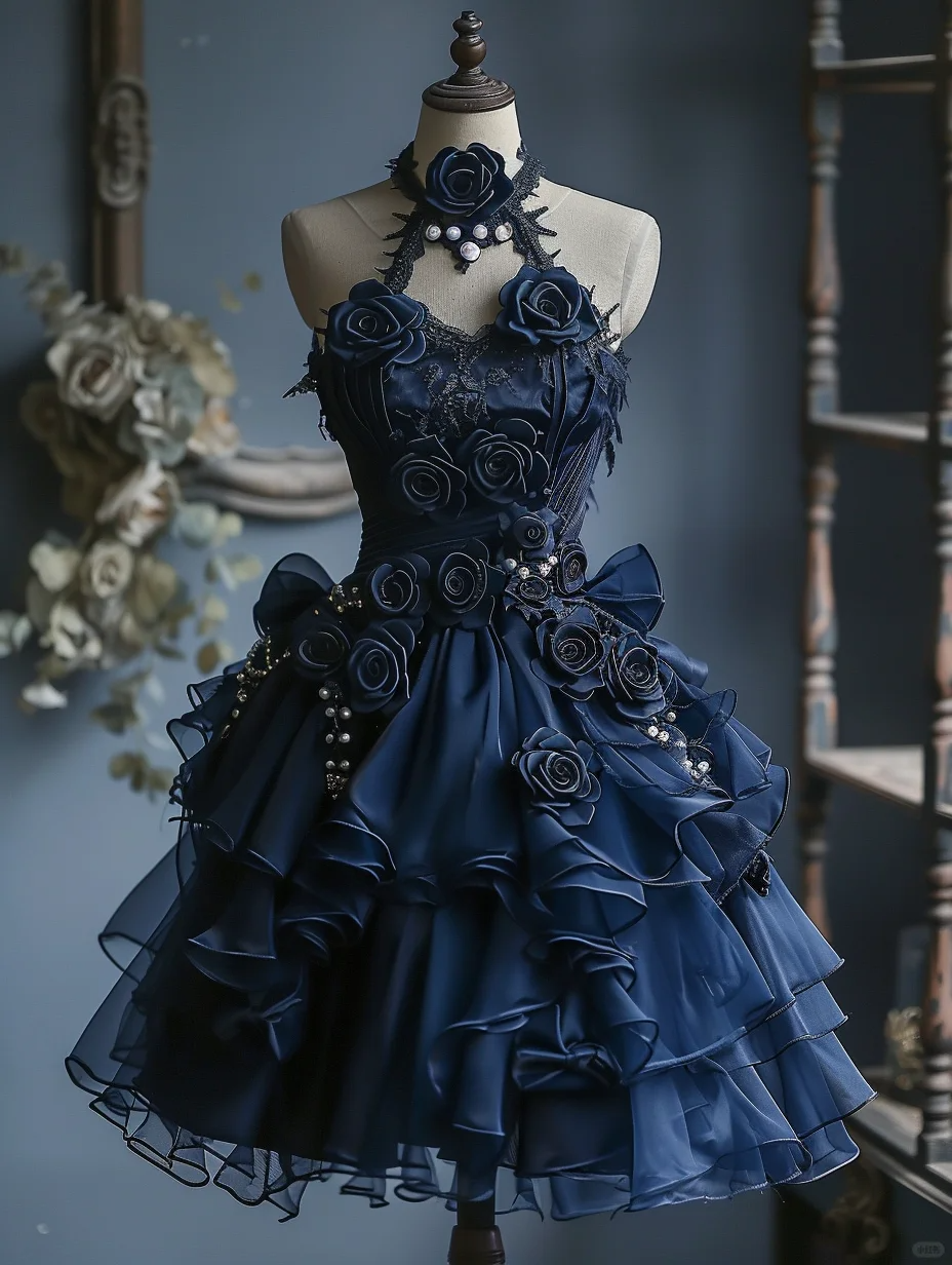 Charming Halter Navy Blue Chiffon 3D Flowers Short Birthday Outfits Formal Graduation Homecoming Dress