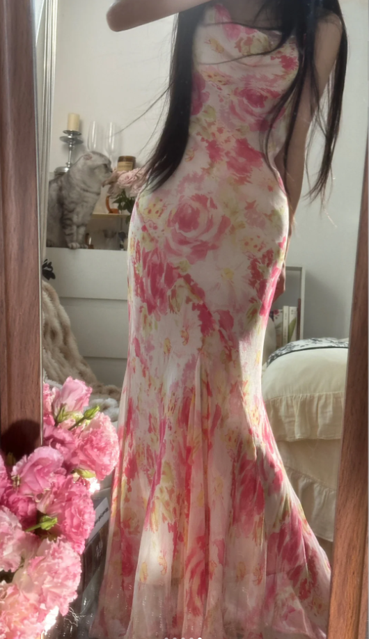Fairy Spaghetti Straps Pink Chiffon Rose Floral Mermaid Long Party Dress 18th Birthday Outfits