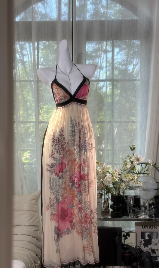 Pretty Halter V Neck Chiffon Print Floral Backless Long Prom Dress Evening Gown