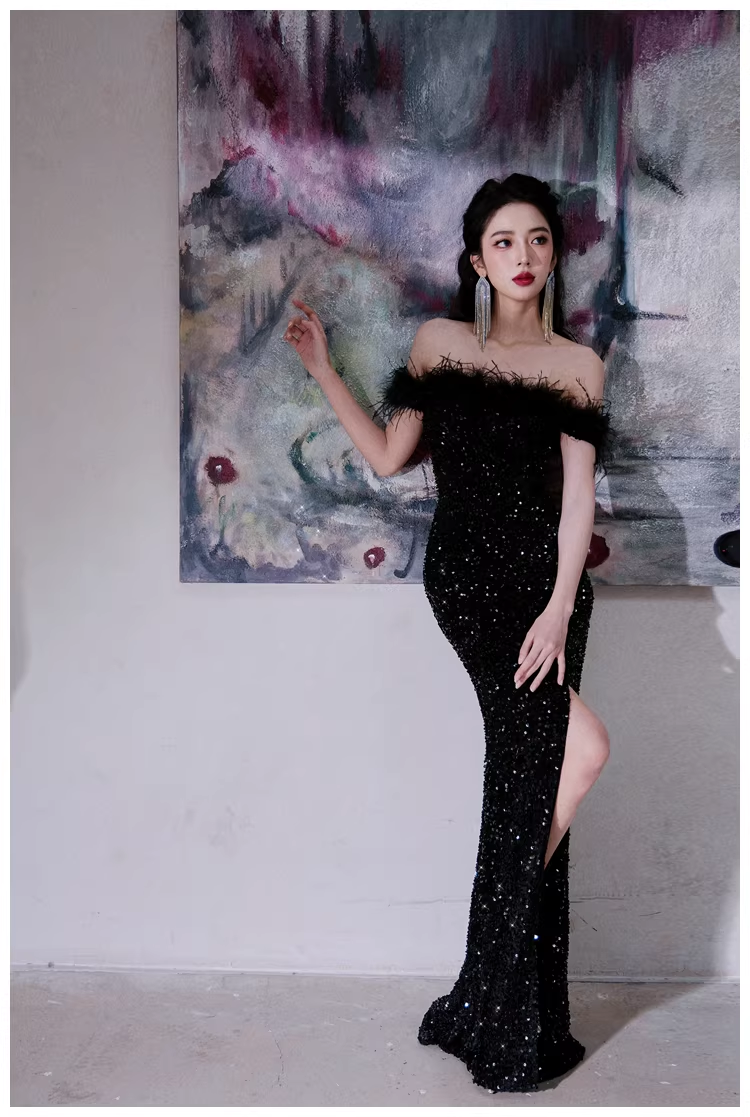 Glamorous Feathers Strapless Black Sequin Slit Mermaid Evening Dress Long Birthday Party Dress