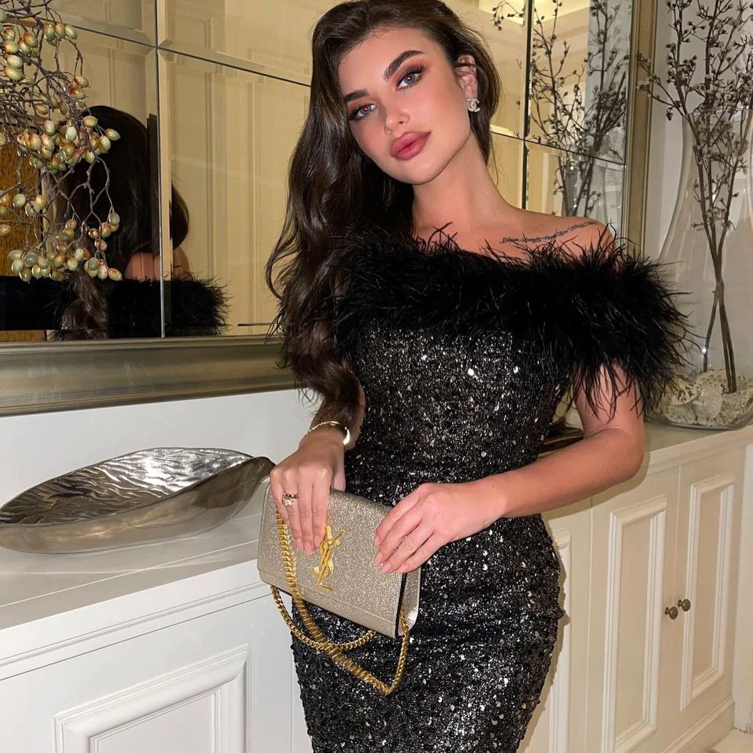 Black Bling Sequines Mini Formal Dresses Feathers Sheath Cocktail Party Dress Aboev Knee Women Occasion Gowns