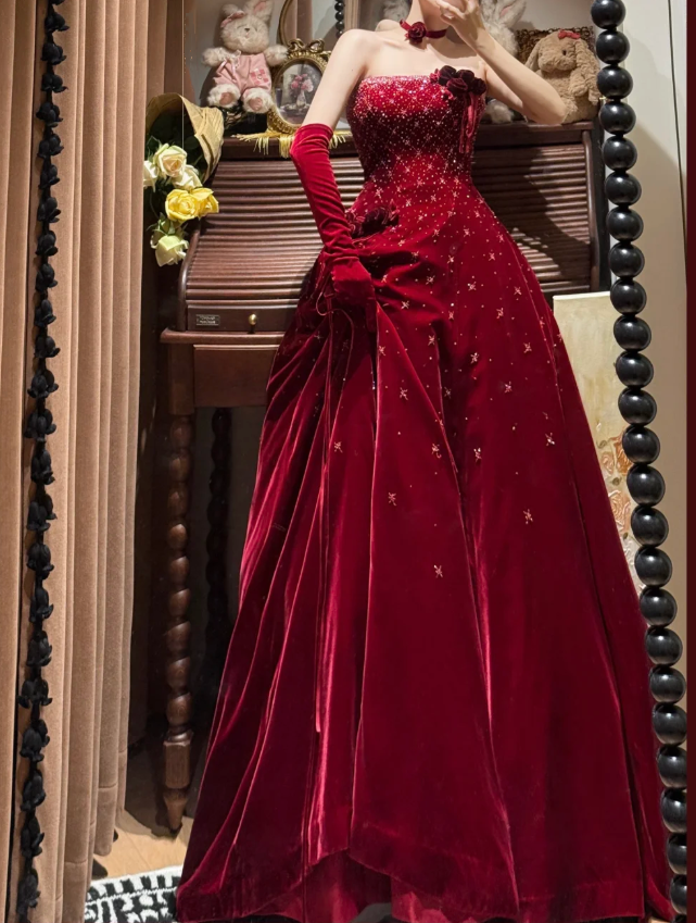 Pretty Burgundy Strapless Velvet Beaded Long Birthday Party Dress Evening Dress
