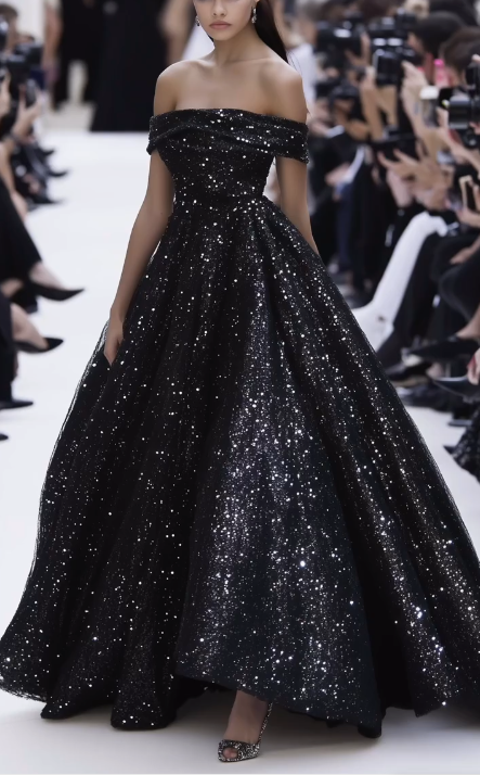 Elegant Black Off The Shoulder Sequins Evening Dress,Long Party Prom Dress