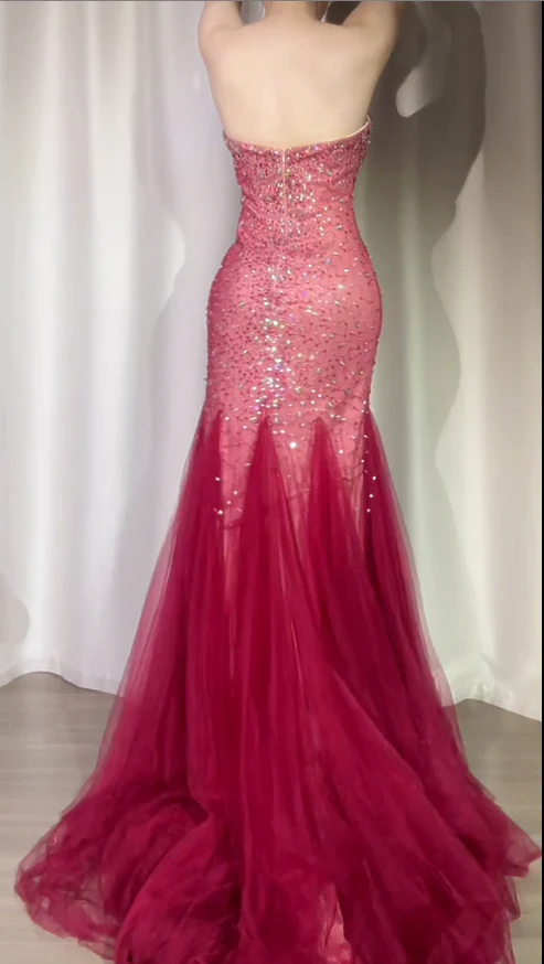 Sparkly Burgundy Strapless Tulle Beaded Mermaid Long Evening Dress Formal Birthday Party Dress