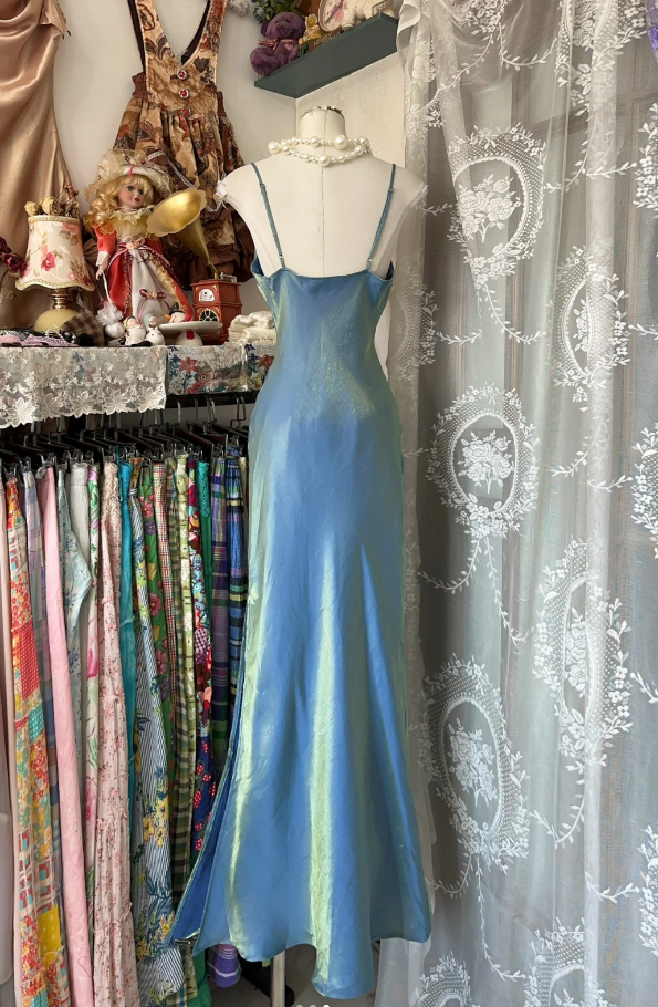 Vintage Spaghetti Straps Satin Mermaid Blue Long Party Dress Wedding Guest Dress