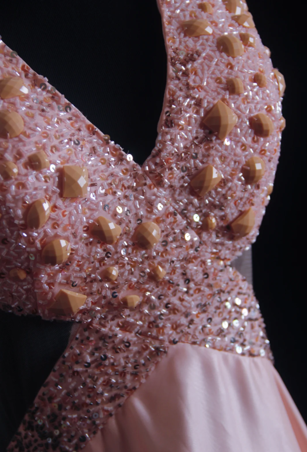 Gorgeous Pink Halter V Neck Satin Beaded Mermaid Long Party Dress Backless Evening Dress