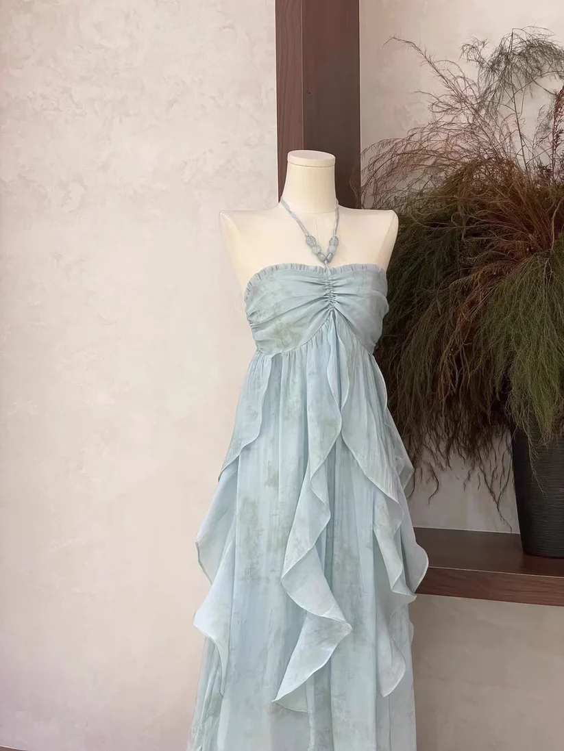 Classy Halter Chiffon Blue Party Dress Birthday Dress