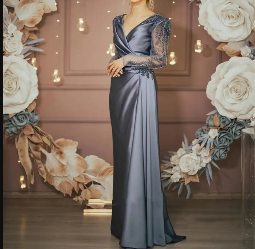 Evening Formal Dresses Long Sleeves V Neck Beaded Elegant Women Wear Prom Dresses