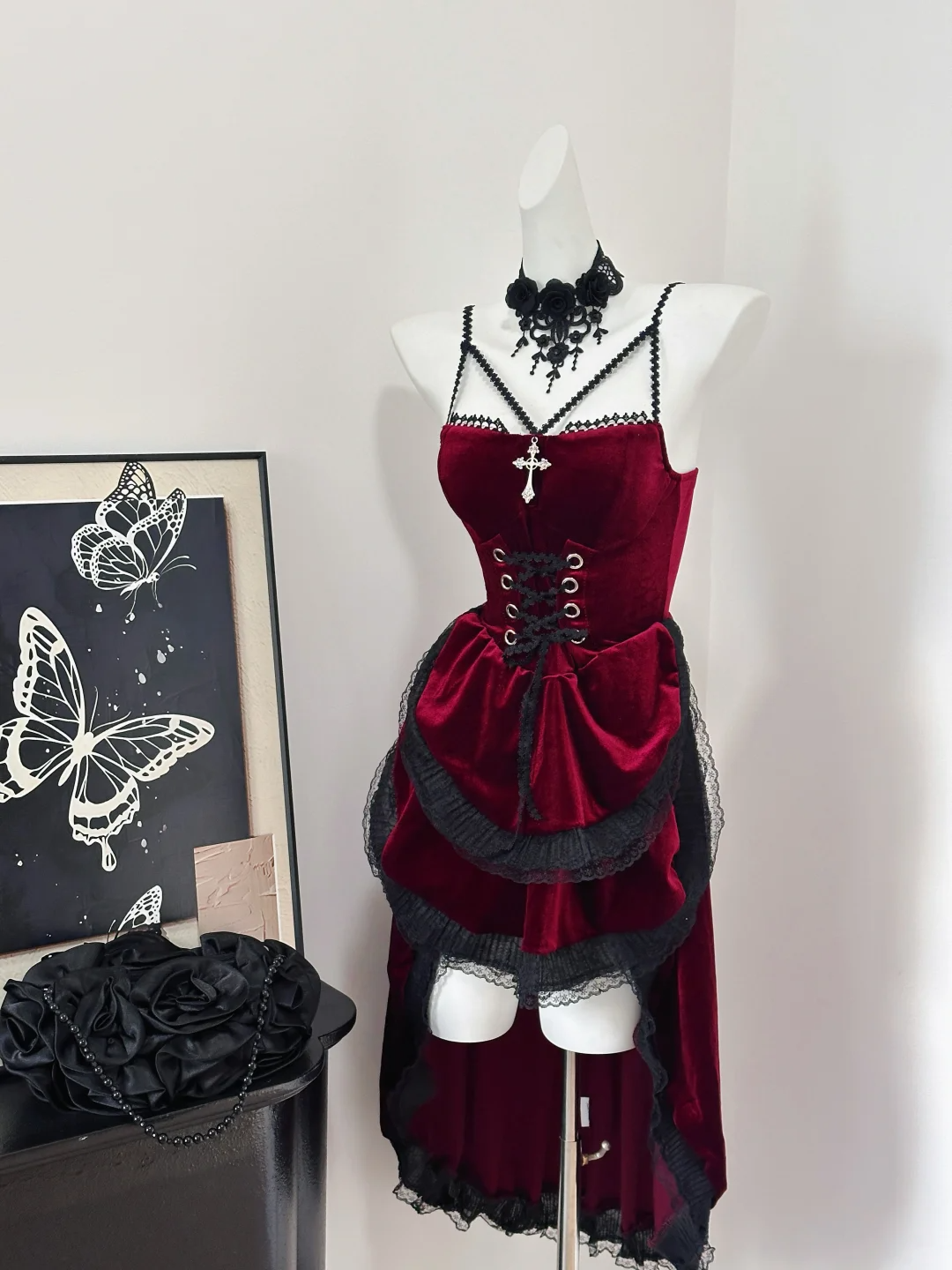 Pretty Red Velvet Lace Layered Birthday Dress Spaghetti Straps Short Graduation Homecoming Dress