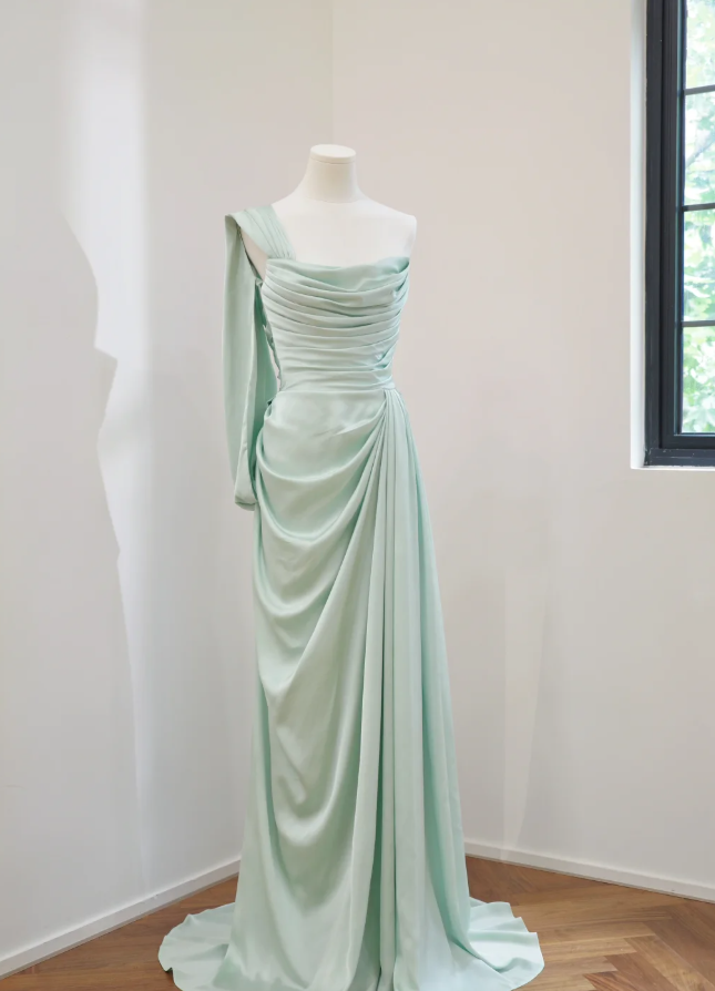 Classy Green Satin Mermaid Long Wedding Guest Dress Formal Bridesmaid Dress