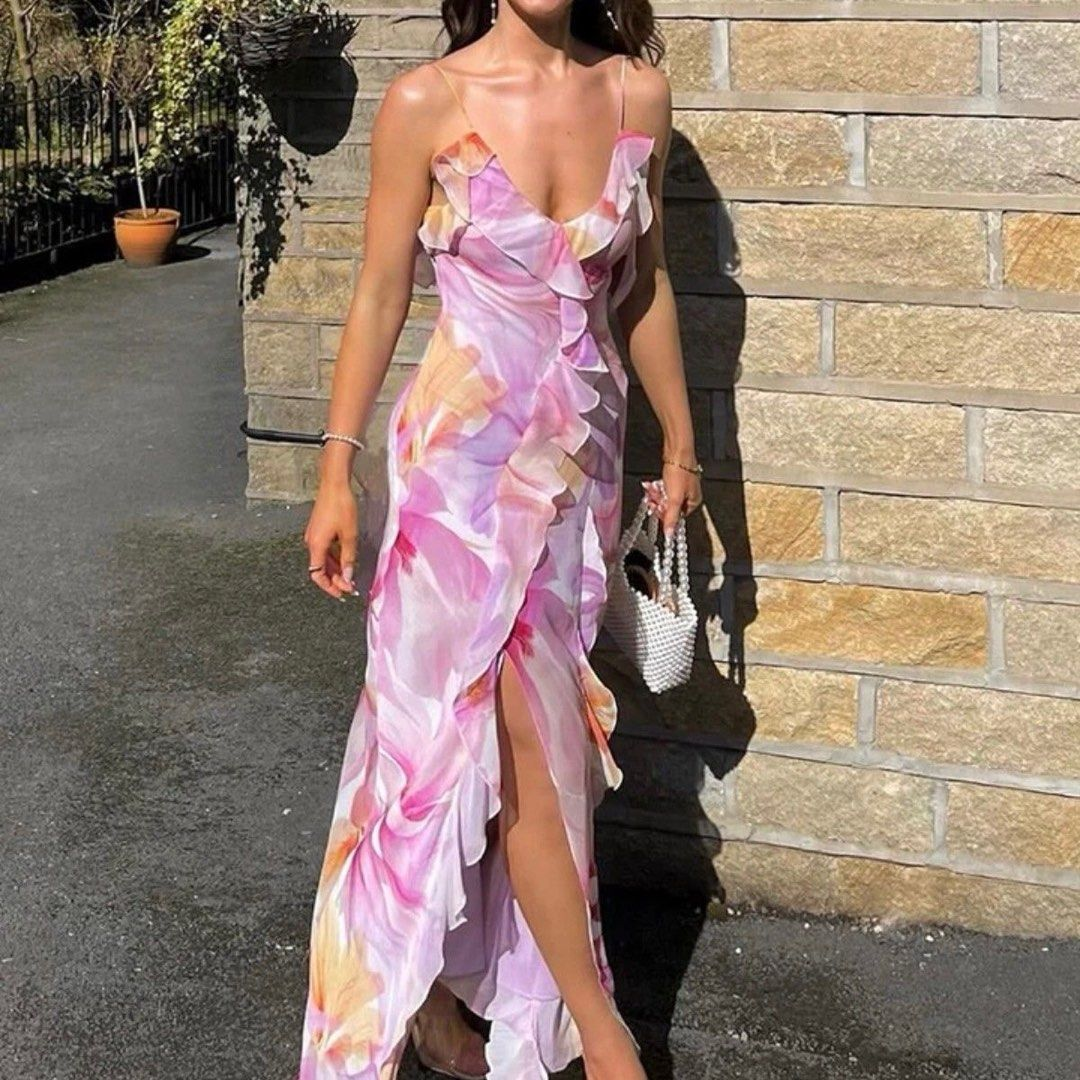Beautiful Chiffon Print Floral Ruffles Evening Dress,Slit Long Prom Party Gown