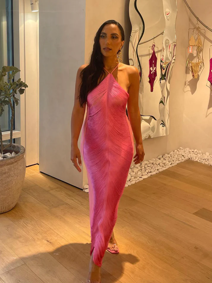Classy Hot Pink Halter Satin Backless Prom Evening Dress,Slit Party Gown