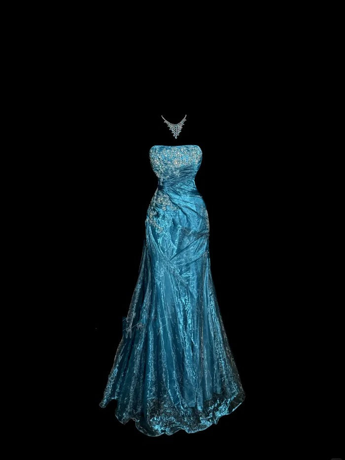 Charming Strapless Blue Tulle Sequin Beaded Mermaid Evening Dress Long Birthday Party Dress