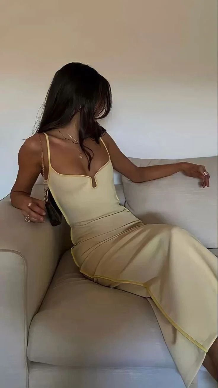 Sexy Yellow Rear Slit Satin Prom Dress Birthday Party Dress