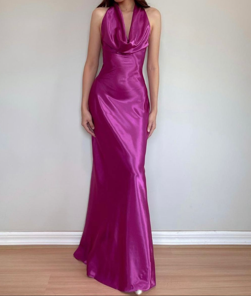 Classy Halter Hot Pink Satin Mermaid Bridesmaid Dress Long Wedding Guest Dress
