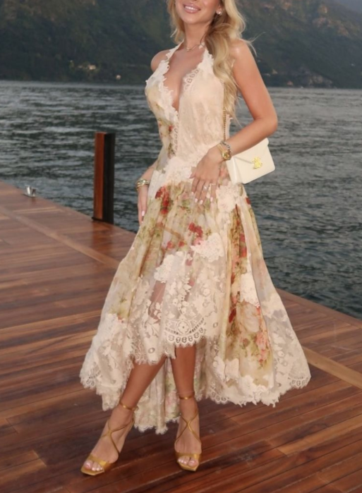 Vintage Halter V Neck Chiffon Print Floral Lace Prom Dress Mermaid Long Party Dress