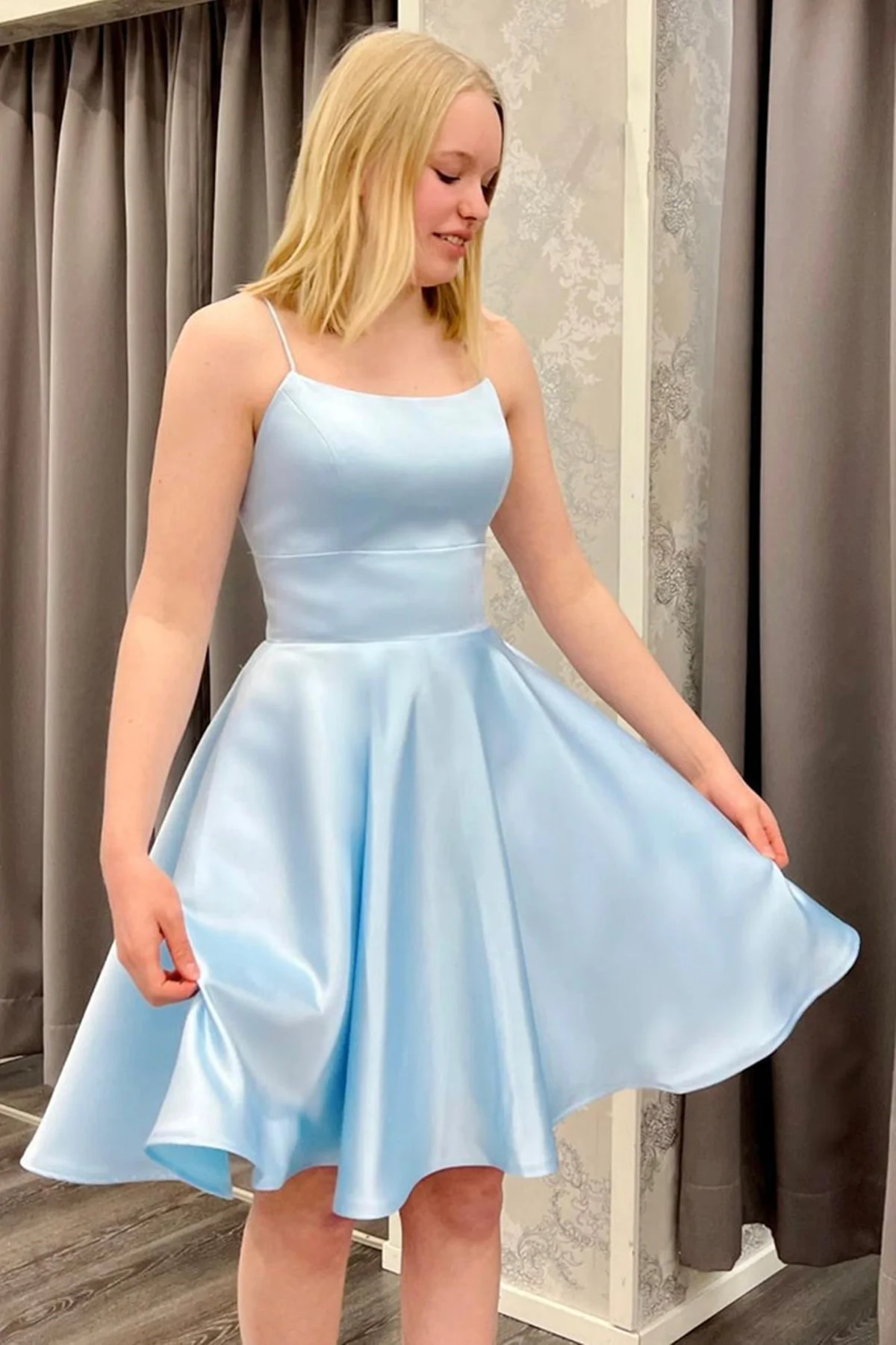 Spaghetti Straps Short Light Blue Satin Homecoming Dresses, Light Blue Formal Graduation Evening Dresses