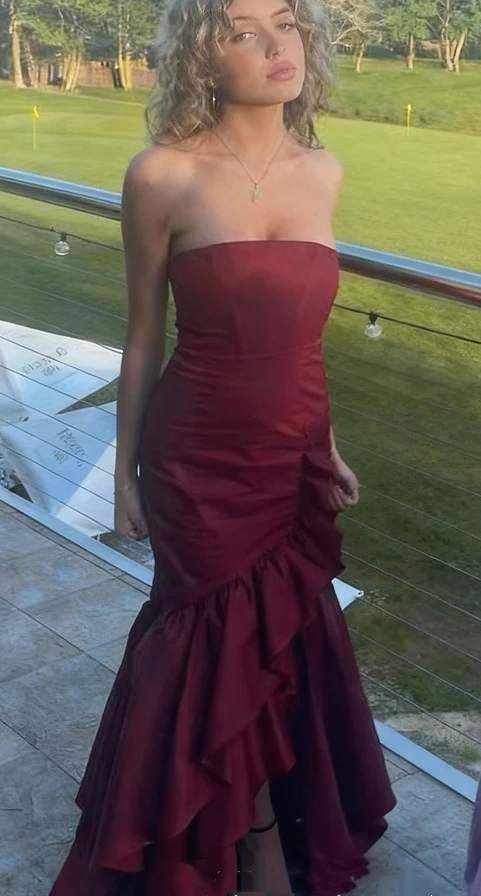 Pretty Strapless Burgundy Satin Ruffles Mermaid Evening Dress Formal Wedding Guest Dress