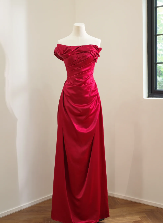 Pretty One Shoulder Red Satin Pleated Long Wedding Guest Dress Formal Birthday Party Dress