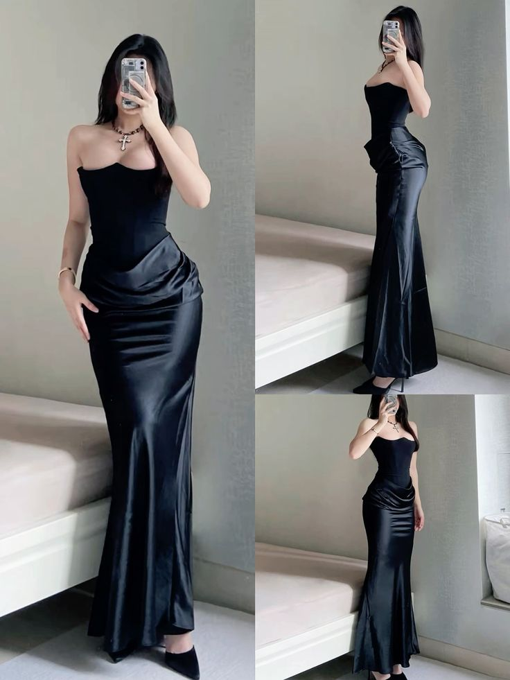 Stylish Strapless Satin Pleated Mermaid Black Evening Dress Long Wedding Guest Dress