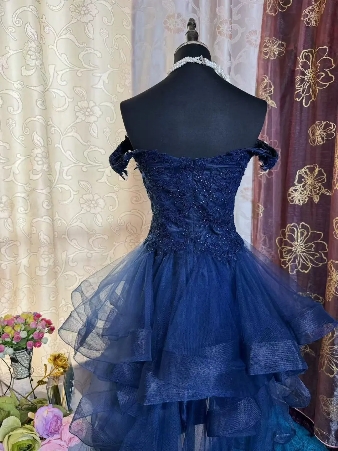 Vintage Navy Blue Tulle Appliques A Line Short Homecoming Dress Off The Shoulder 19th Birthday Outfits