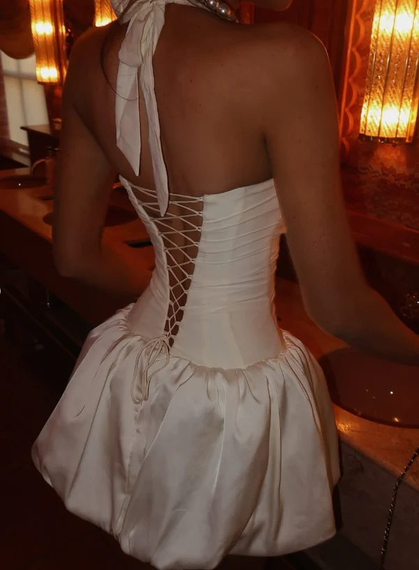 White Halter Satin A Line Short Birthday Party Dress Pretty Homecoming Dress