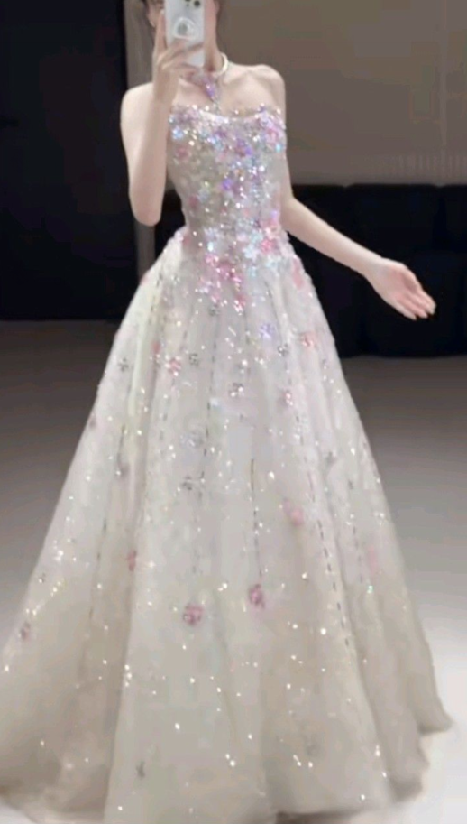Charming Strapless White Tulle Sequin Beaded Birthday Prom Dress Princess Party Dress