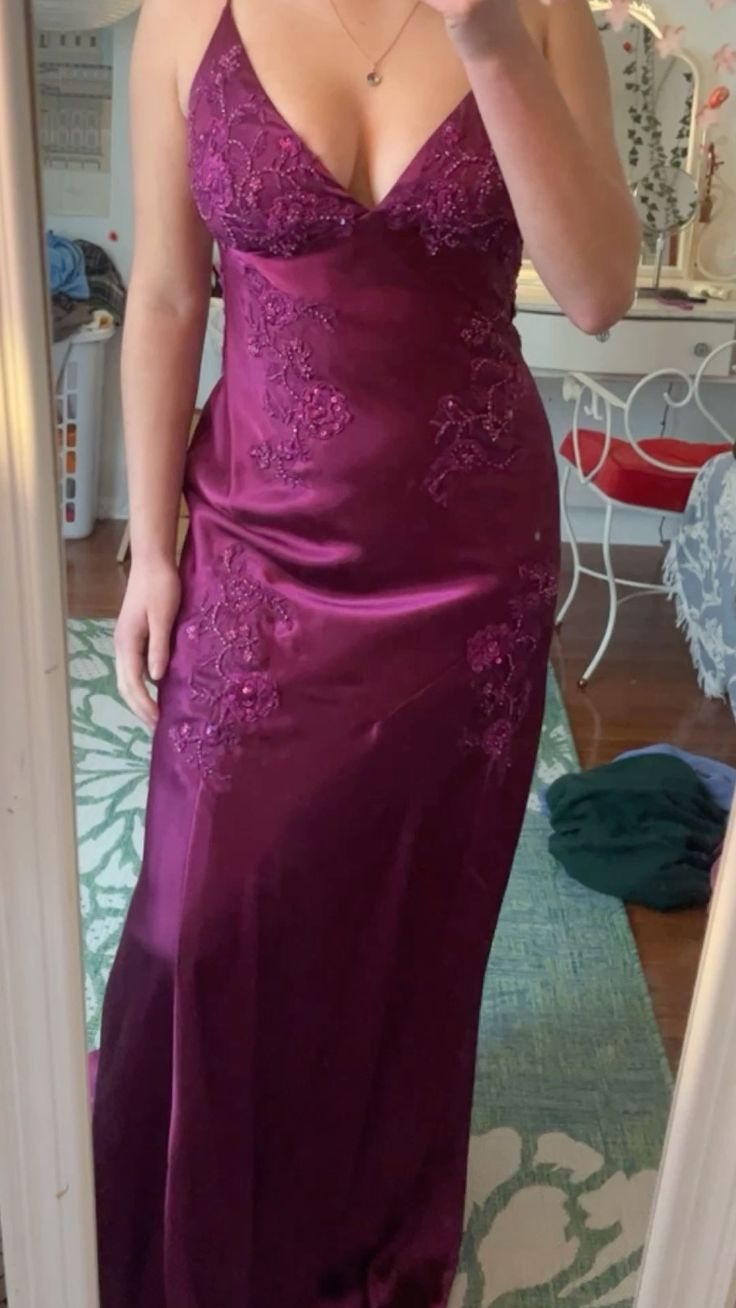 Chic V Neck Satin Beaded Party Evening Dress Formal Prom Dress