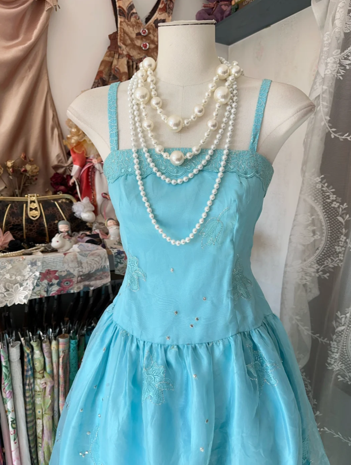 Vintage Spaghetti Straps Blue Tulle Beaded A Line Long Party Dress Formal Wedding Guest Dress