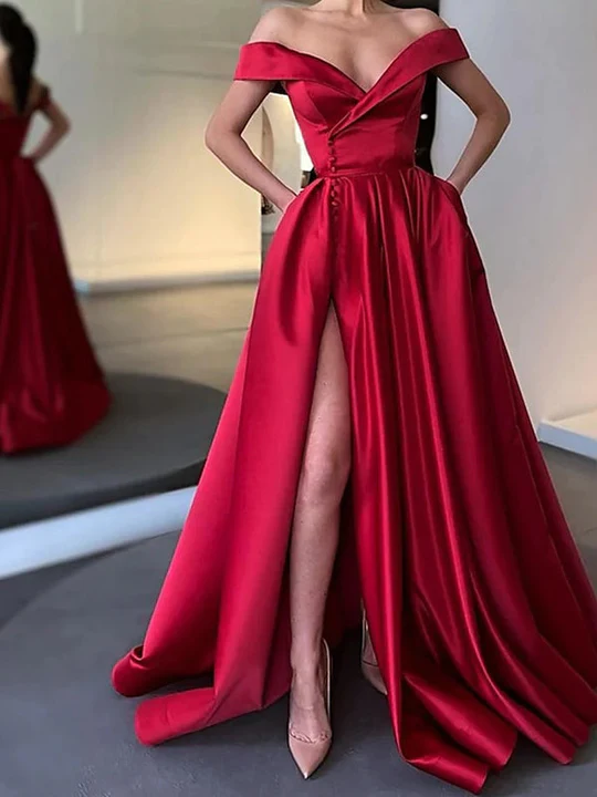 Elegant Long Blue Satin Off the Shoulder Prom Dress Formal Evening Gowns