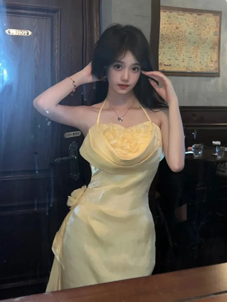 Vintage Halter Neck Floral Prom Dress Fairy Yellow Evening Dress Party Princess Dress