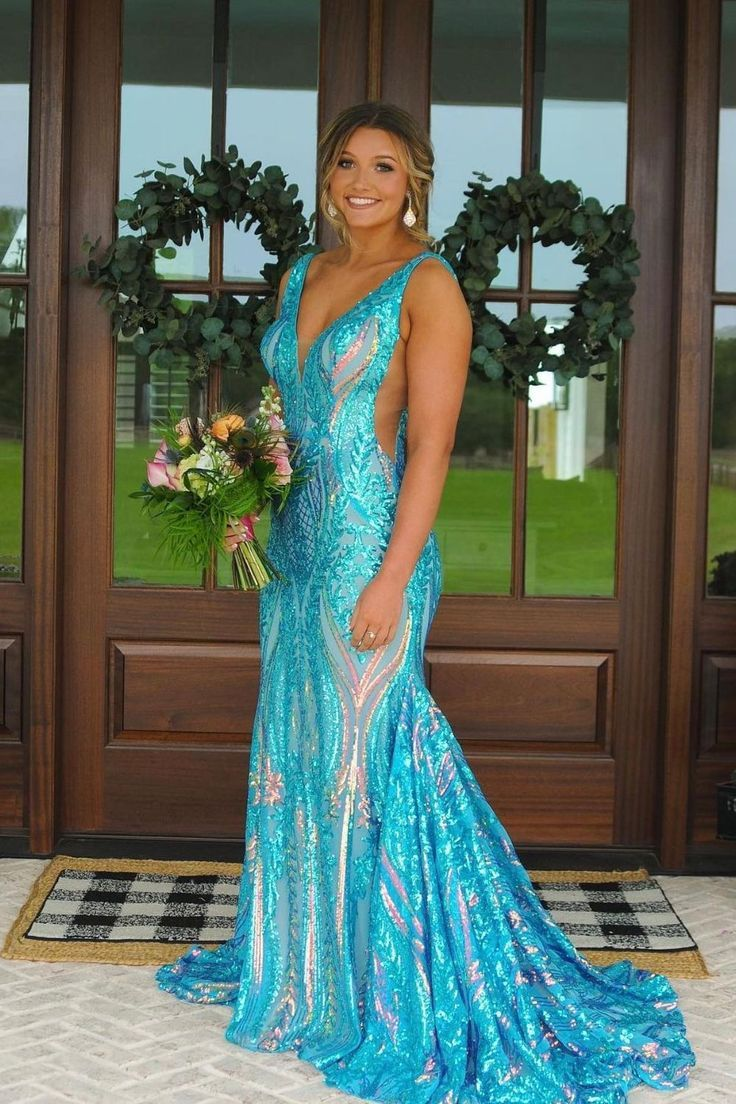 Luxurious Mermaid V Neck Fuchsia Sequins Prom Dress Formal Party Dress Evening Gown