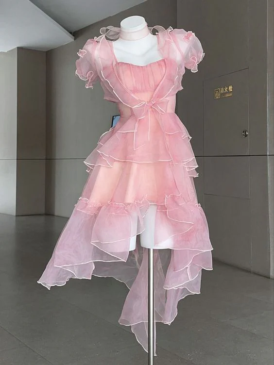 Flowing Pink Tulle Layered Homecoming Dress Short Prom Dress