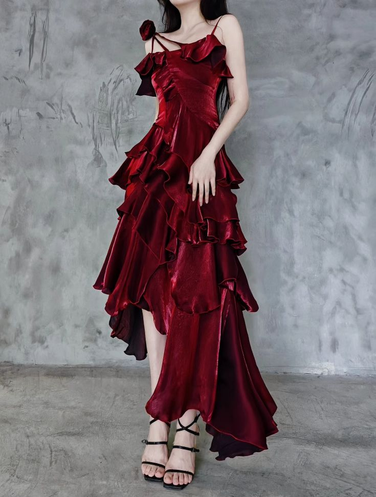Pretty Asymmetrical Layered Flounce Spaghetti Strap Satin Prom Dress Mermaid Evening Gown