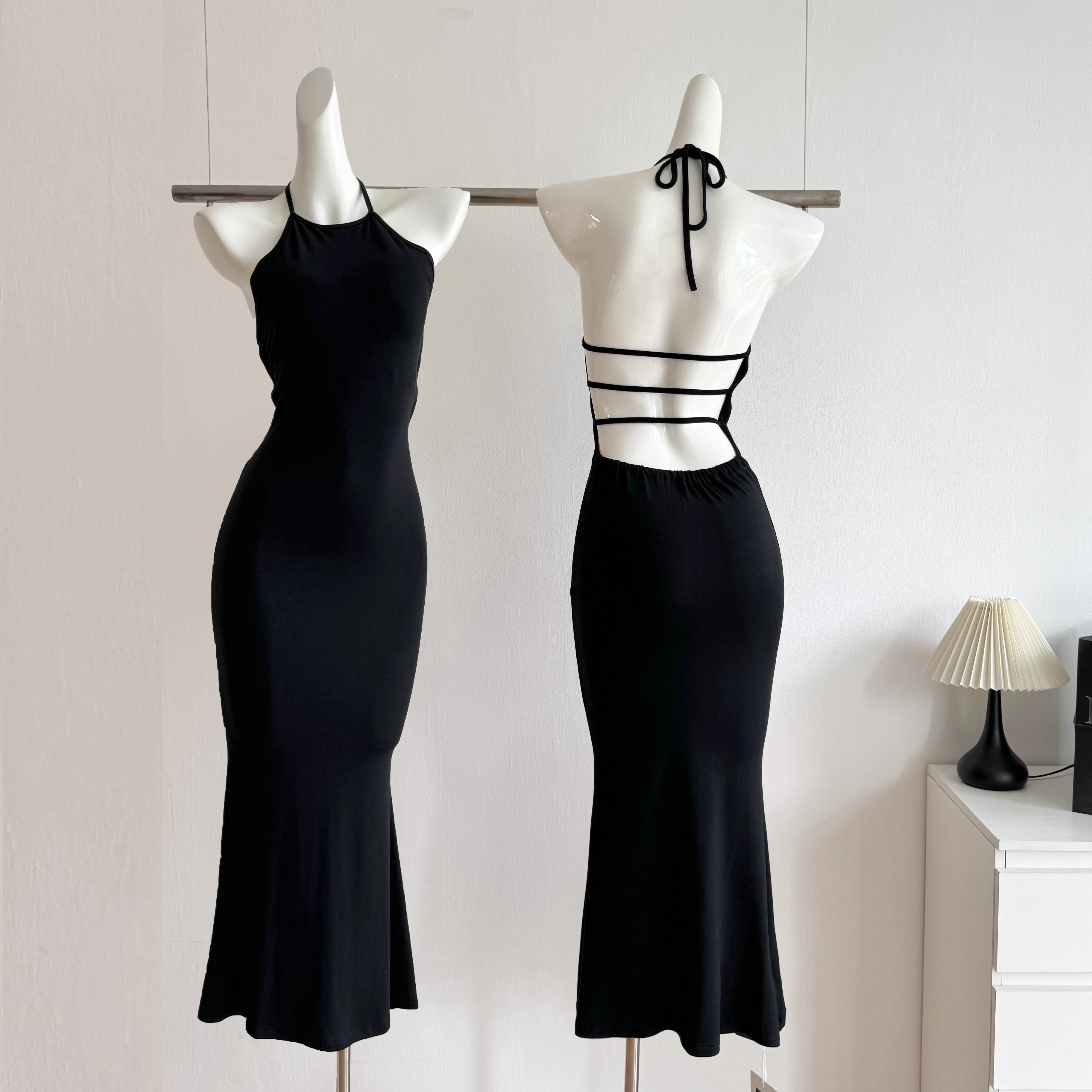 Simple Sheath Halter Black Dinner Dresses Mid Length Black Birthday Outfit