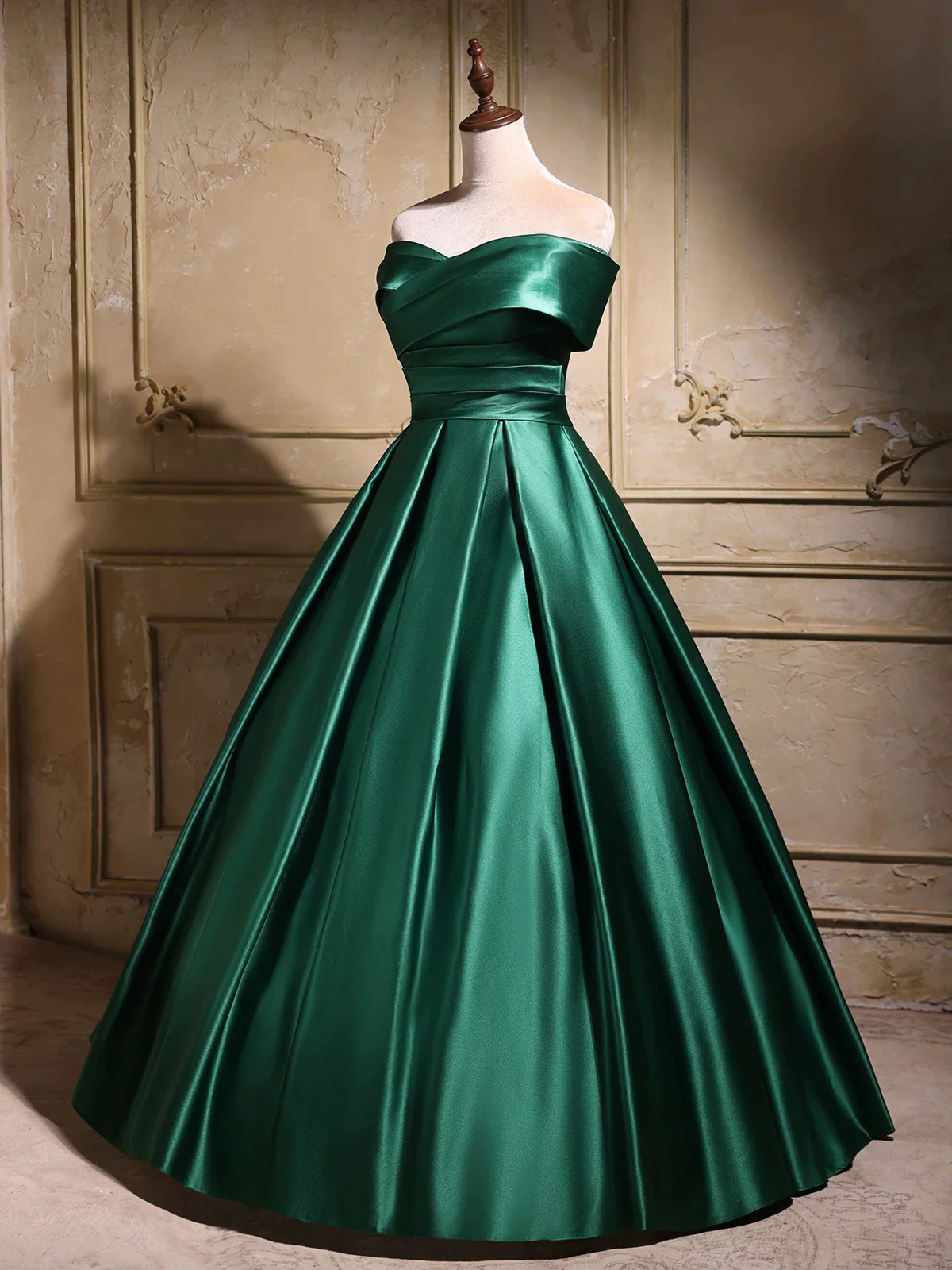 Elegant Emerald Green Satin Off-Shoulder Prom Dress, Long A-Line Formal Dress