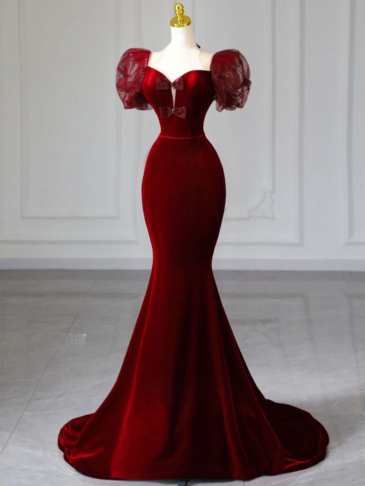 Elegant Burgundy Velvet Mermaid Evening Dress Long Party Prom Dress