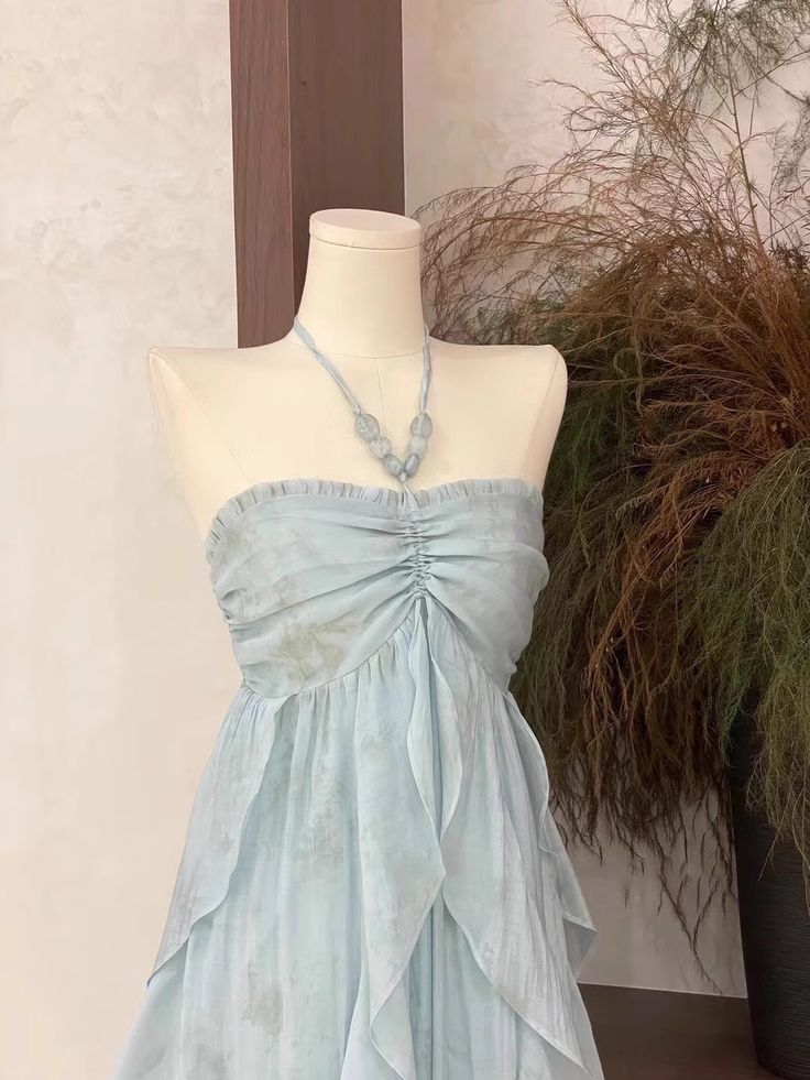 Cute Halter Ruffled Floral Prom Dress Blue Chiffon Long Vacation Dress