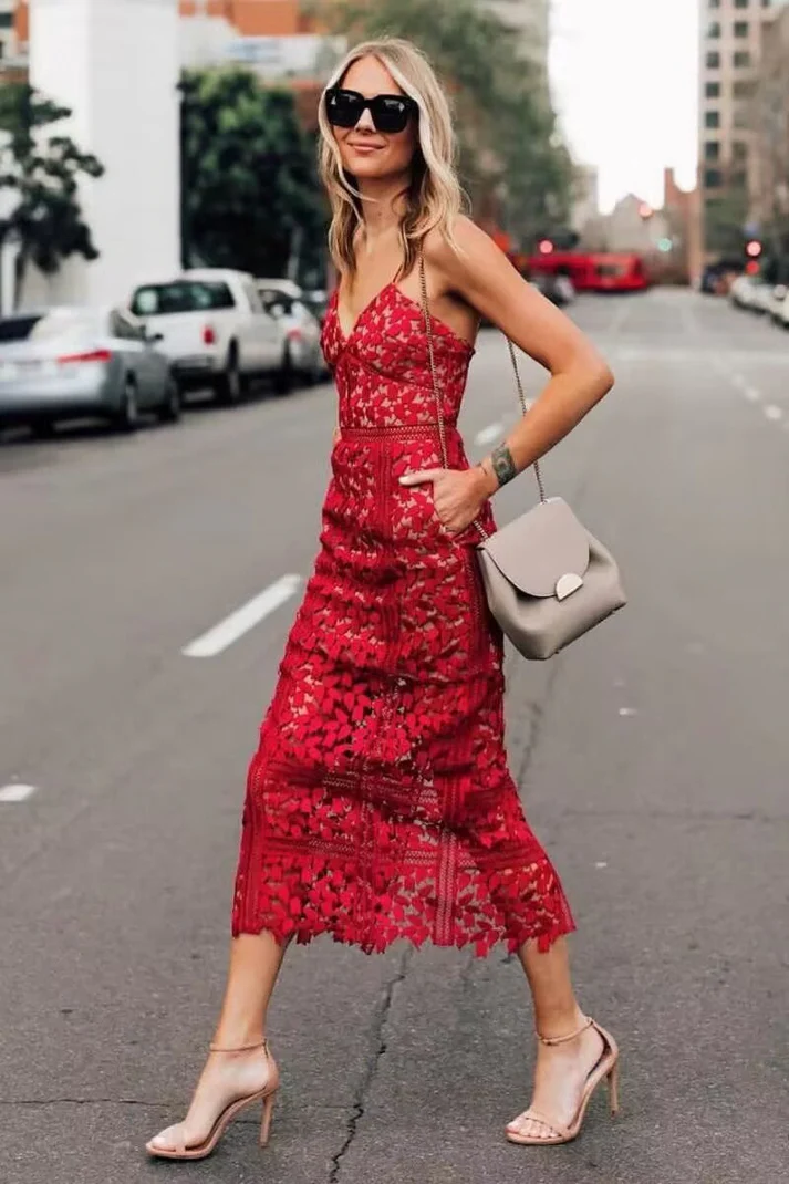 Classy Sheath Spaghetti Straps Red Lace Prom Dresses Summer Wedding Guest Dresses Wedding Guest Outfits