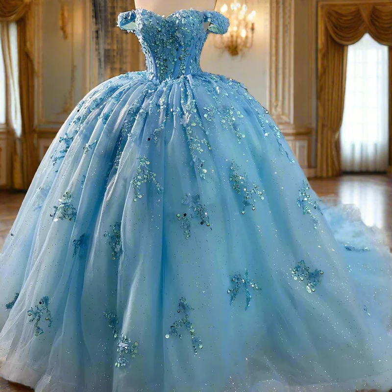 Sparkly Blue Sequins Beaded Ball Gown Luxury Off The Shoulder Sweet 16 Dress Birthday Dress