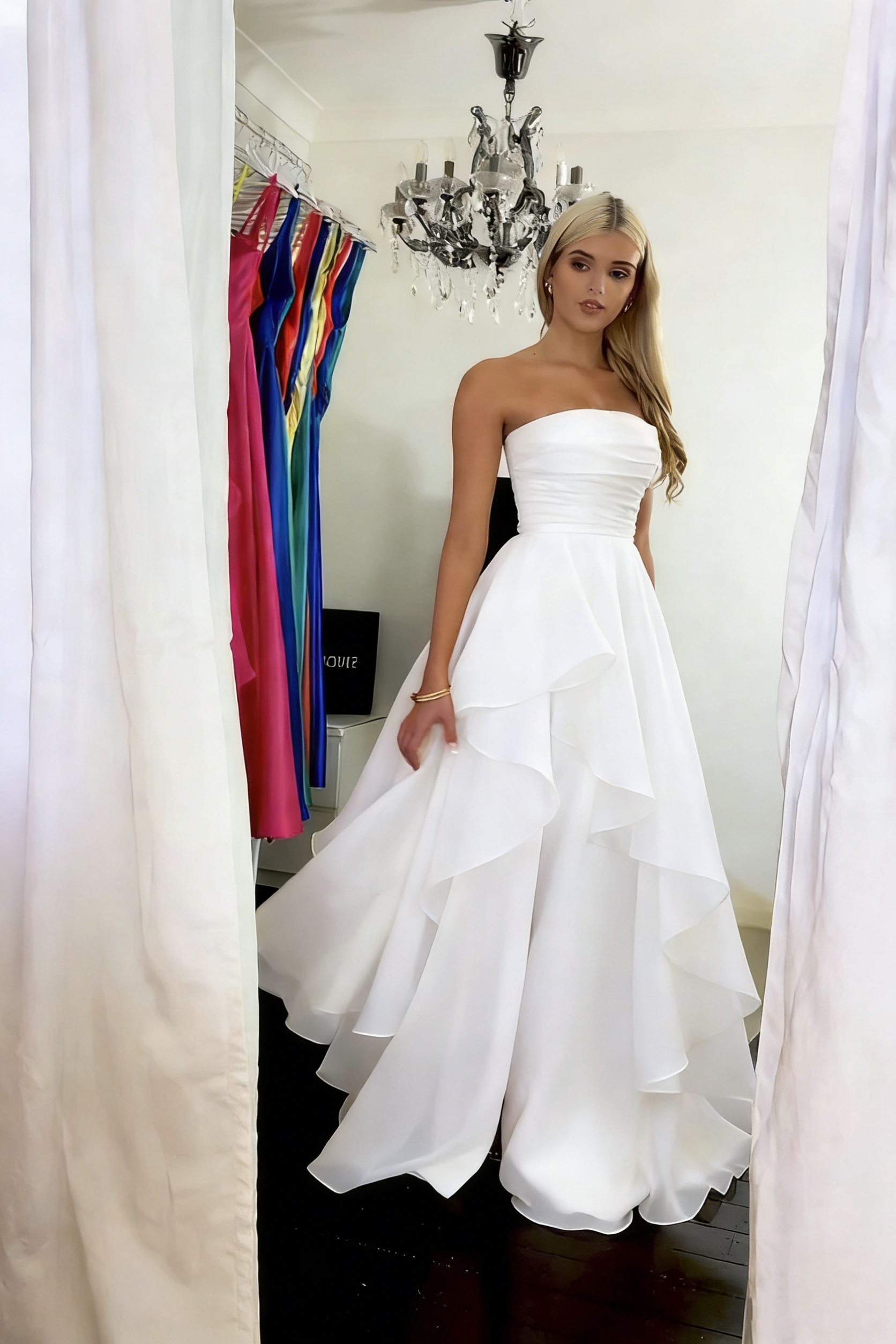 Classy Strapless Yellow Satin Tulle Slit Long Prom Dress Formal Birthday Party Dress