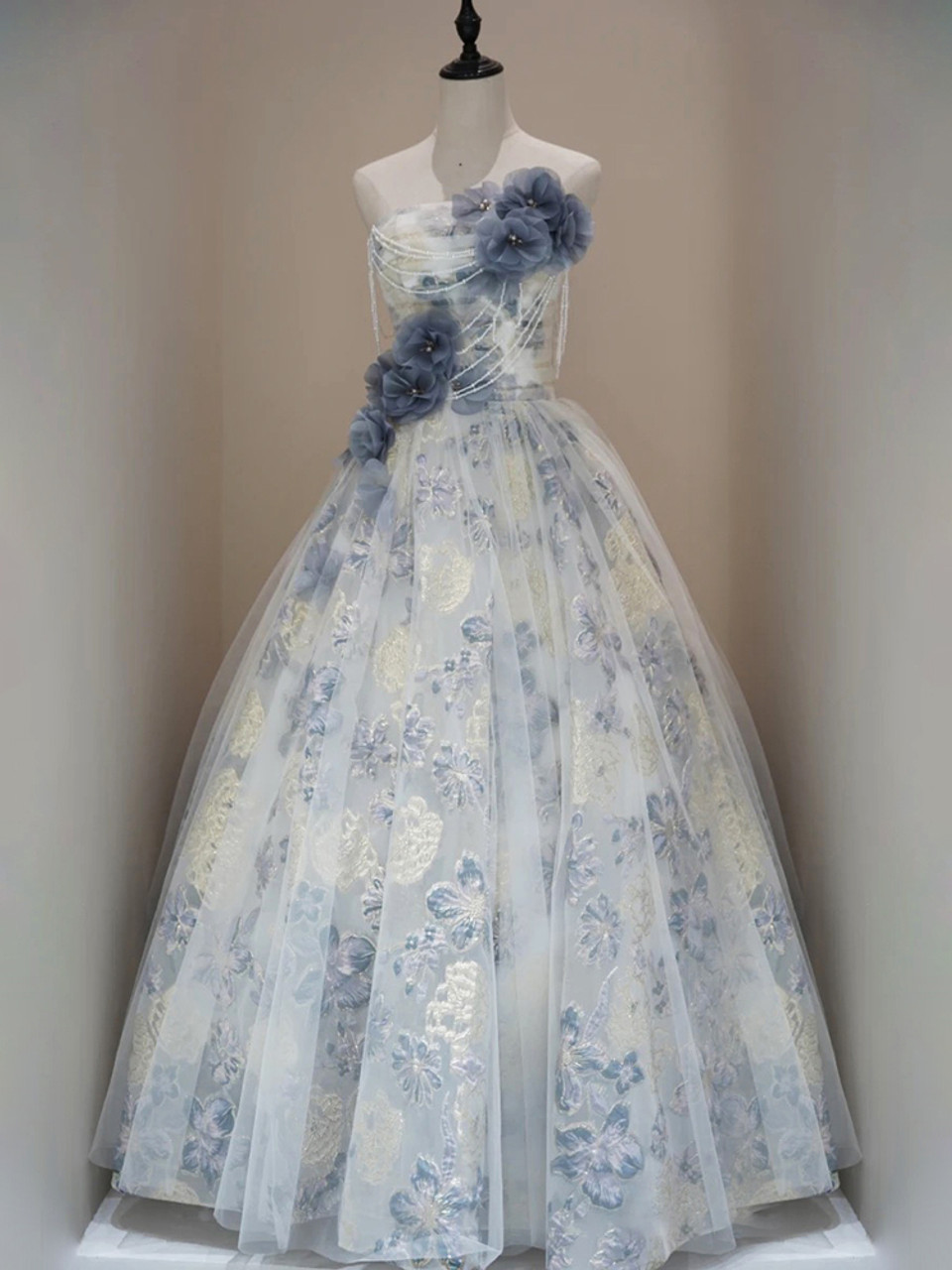 Blue Tulle Flower Strapless Pleated Prom Dress Beautiful Ball Gown