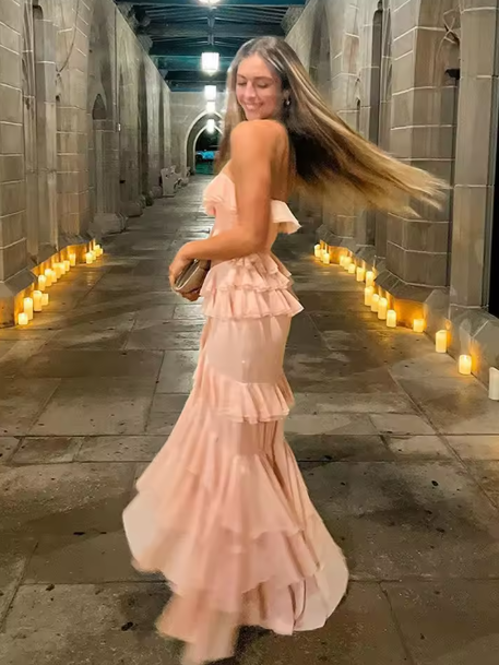 Elegant Pink Strapless Chiffon Slit Evening Dress Ruffles Party Prom Dress
