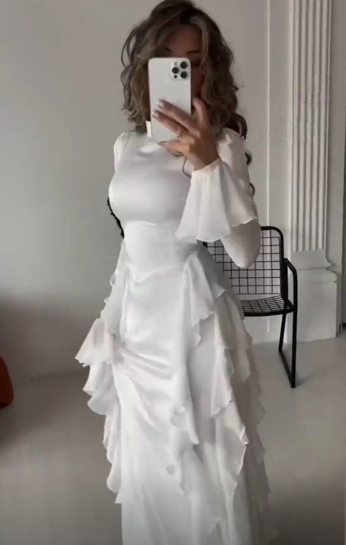 Flowing Long Sleeves A Line Ruffled Evening Dress Elegant Party Dress