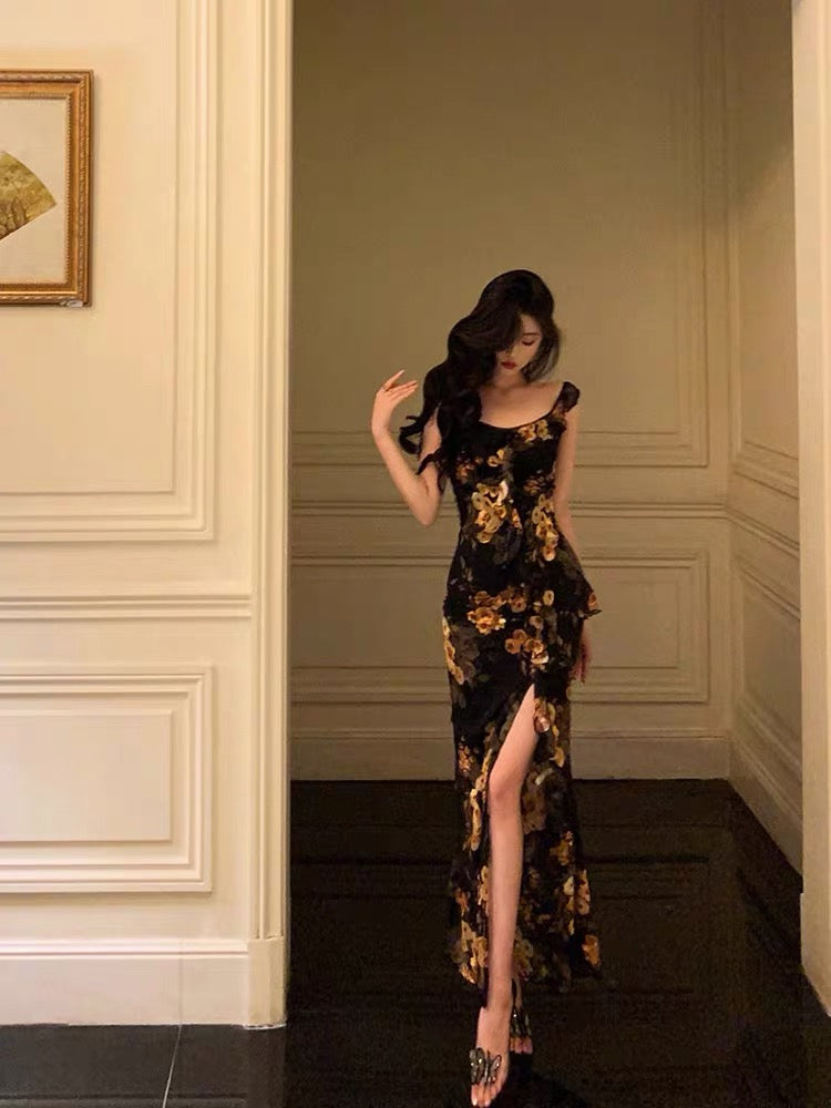 Sexy Sheath Straps Floral Chiffon Slit Long Prom Dresses Birthday Outfits