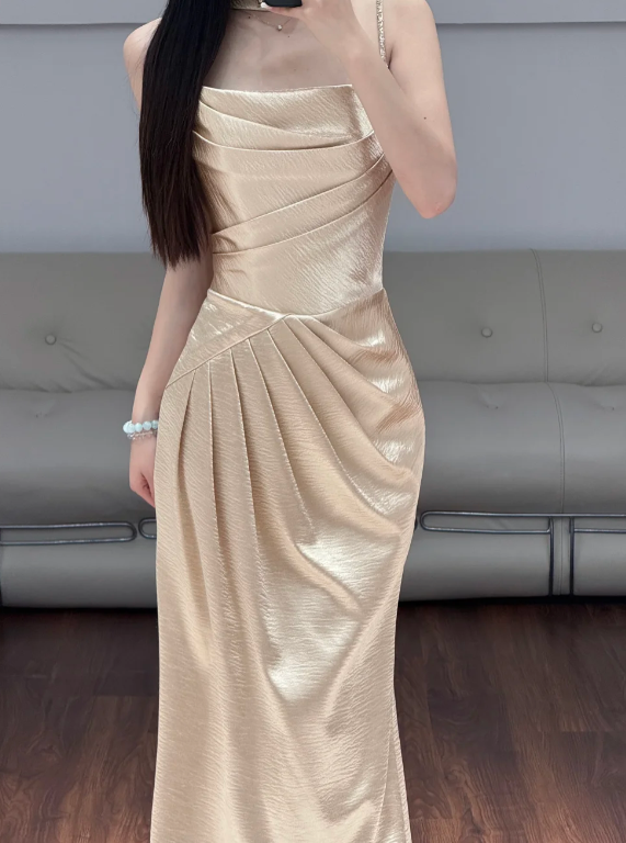 Champagne Satin Prom Party Dress Mermaid Evening Dress Graduation Dress