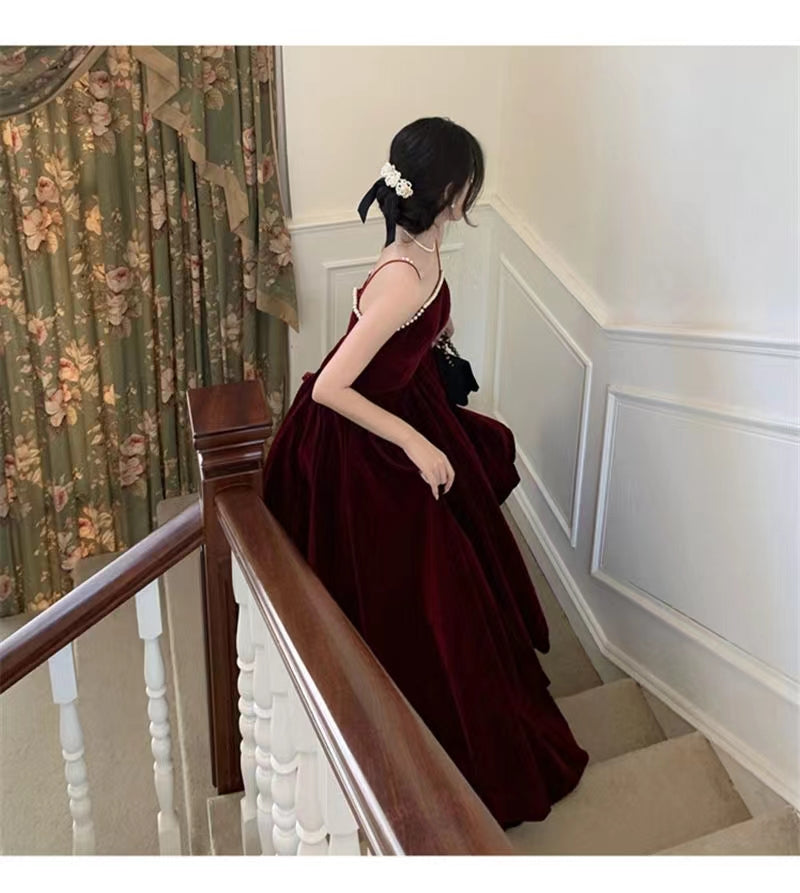 Spaghetti Straps Burgundy Velvet Prom Dress Simple Prom Dress Party Dress