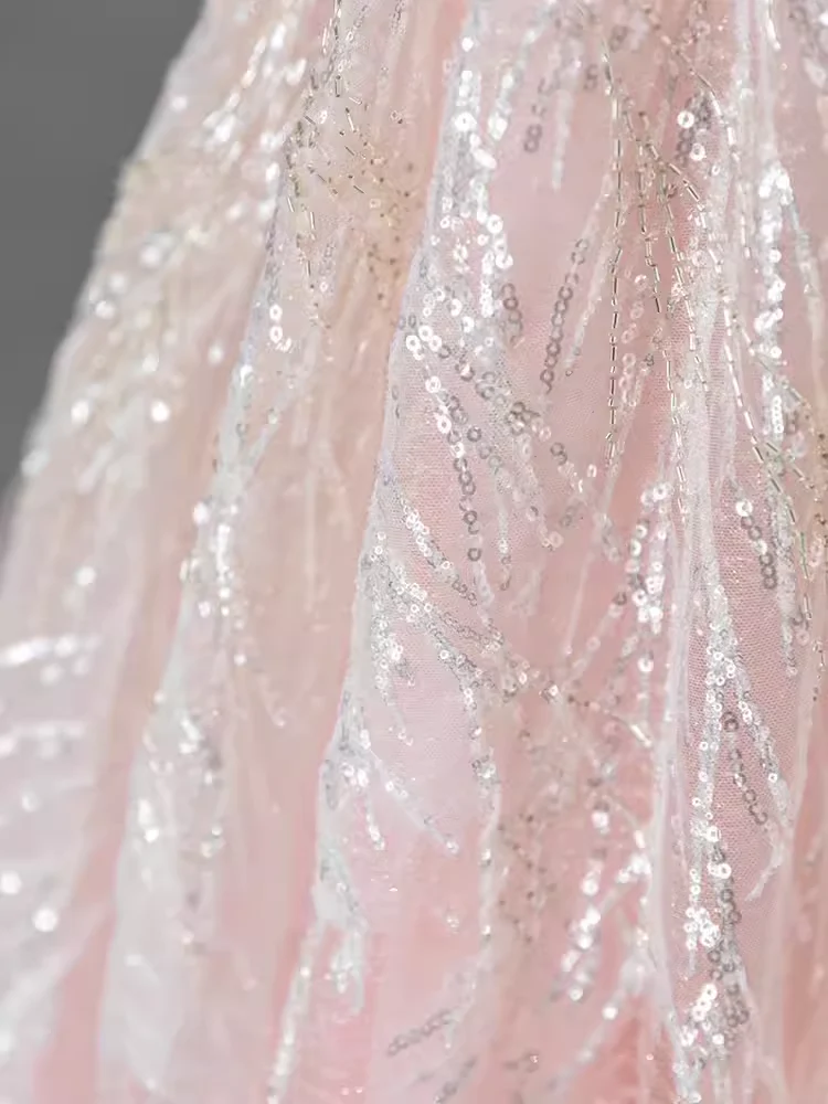 A line Off The Shoulder Pink Sequin Beads Long Evening Dress Prom Dresses